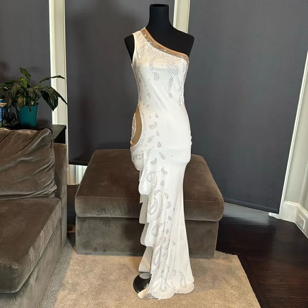 Sexy White Sparkly One Shoulder BodyCon Party Dress Leg Split Size S NWOT
